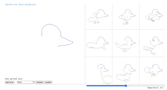  Figure 1.2: Sample implementation of using the public Sketch-RNN software to complete a sketch of a duck